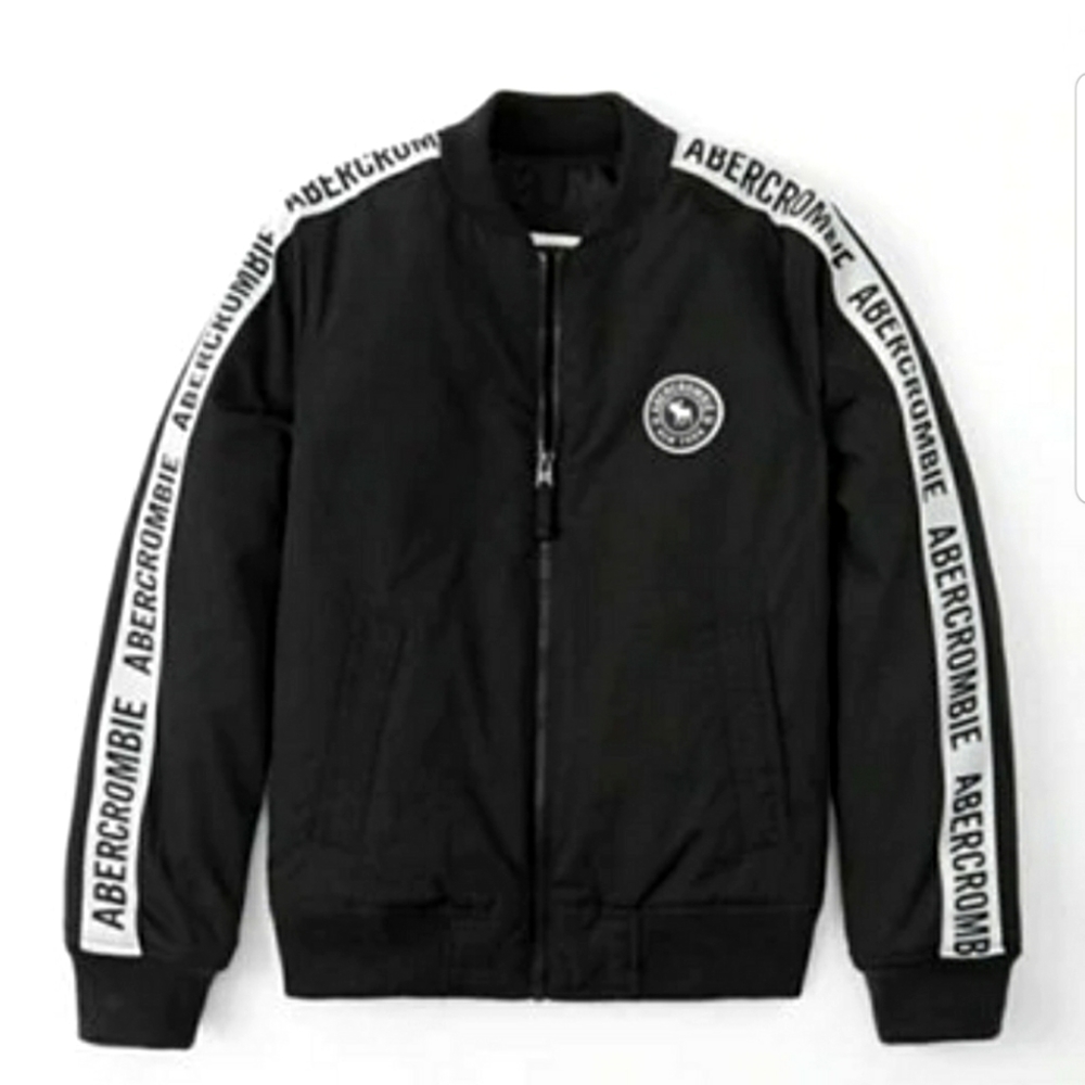 Abercrombie & Fitch Kids Black Bomber Jacket with Logo Sleeves Water Resistant